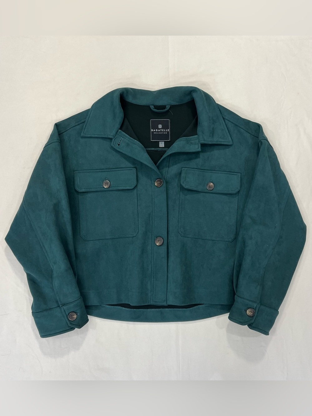 bagatelle Teal Faux Suede Button-Front Cropped Utility Jacket